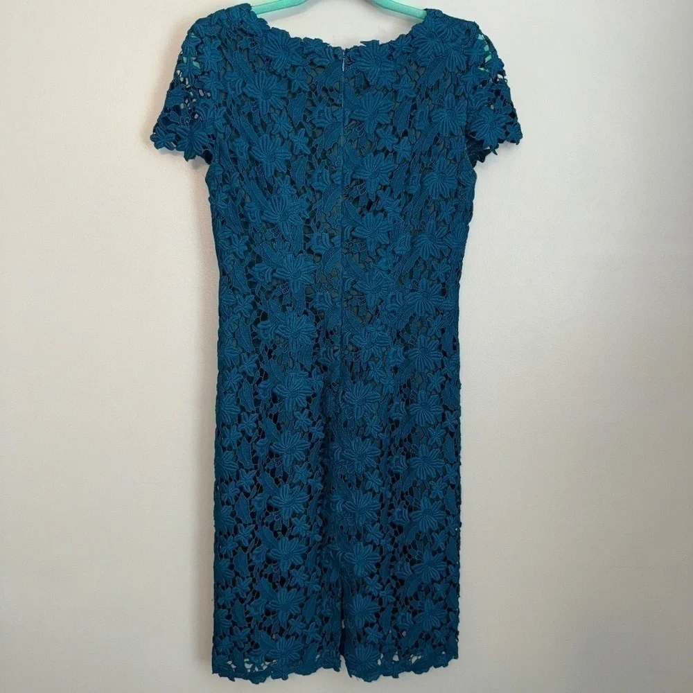 EUC Elie Tahari Floral Crochet Knit Teal Sheath Dress Size 8 US - Picture 8 of 9